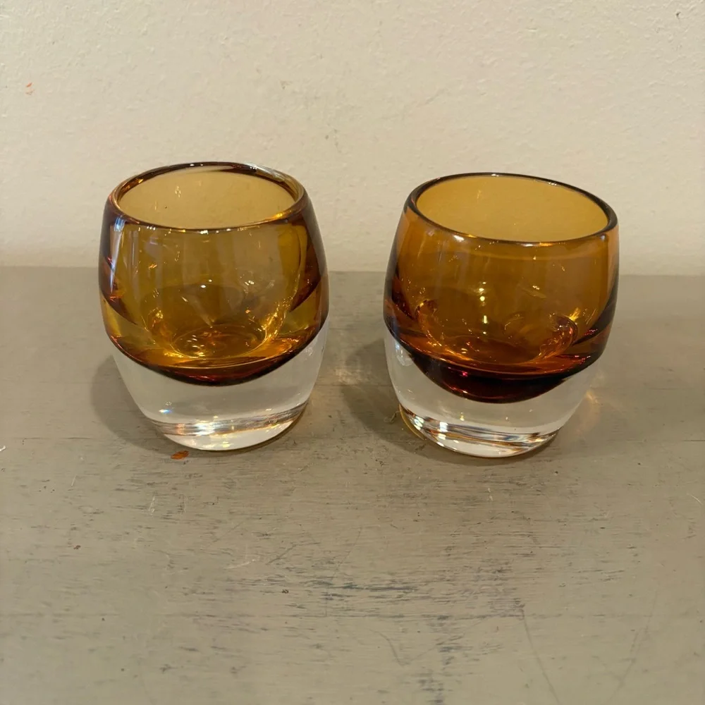 Pair Of Crate&Barrel Amber Topaz Diva Glass Votive Candle Holders